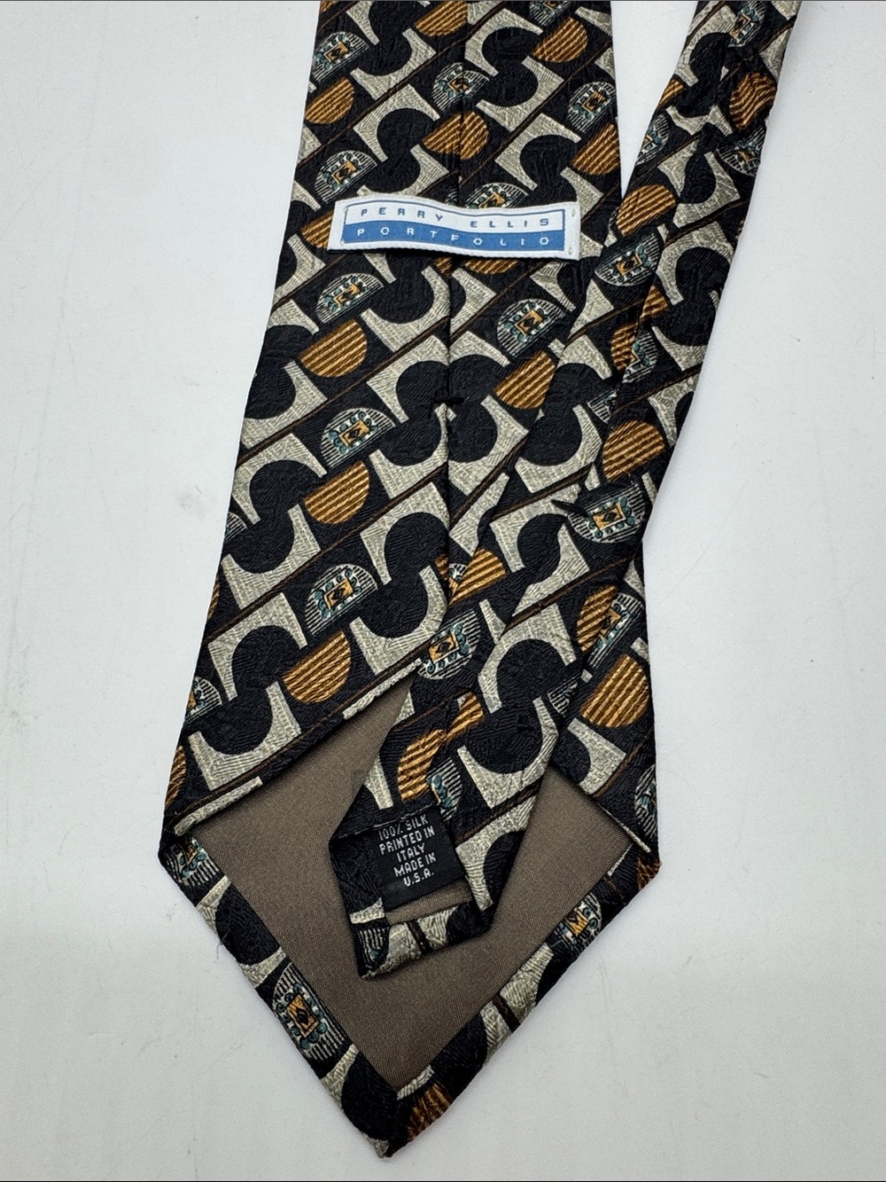 Perry Ellis Geometric Silk Tie in Black, Gold, Cream #0097